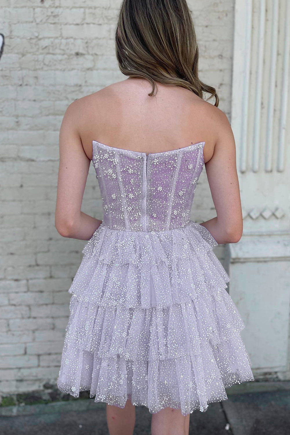 dressimeA Line Strapless Short/Mini Tulle Tiered Homecoming Dresses With Ruffles