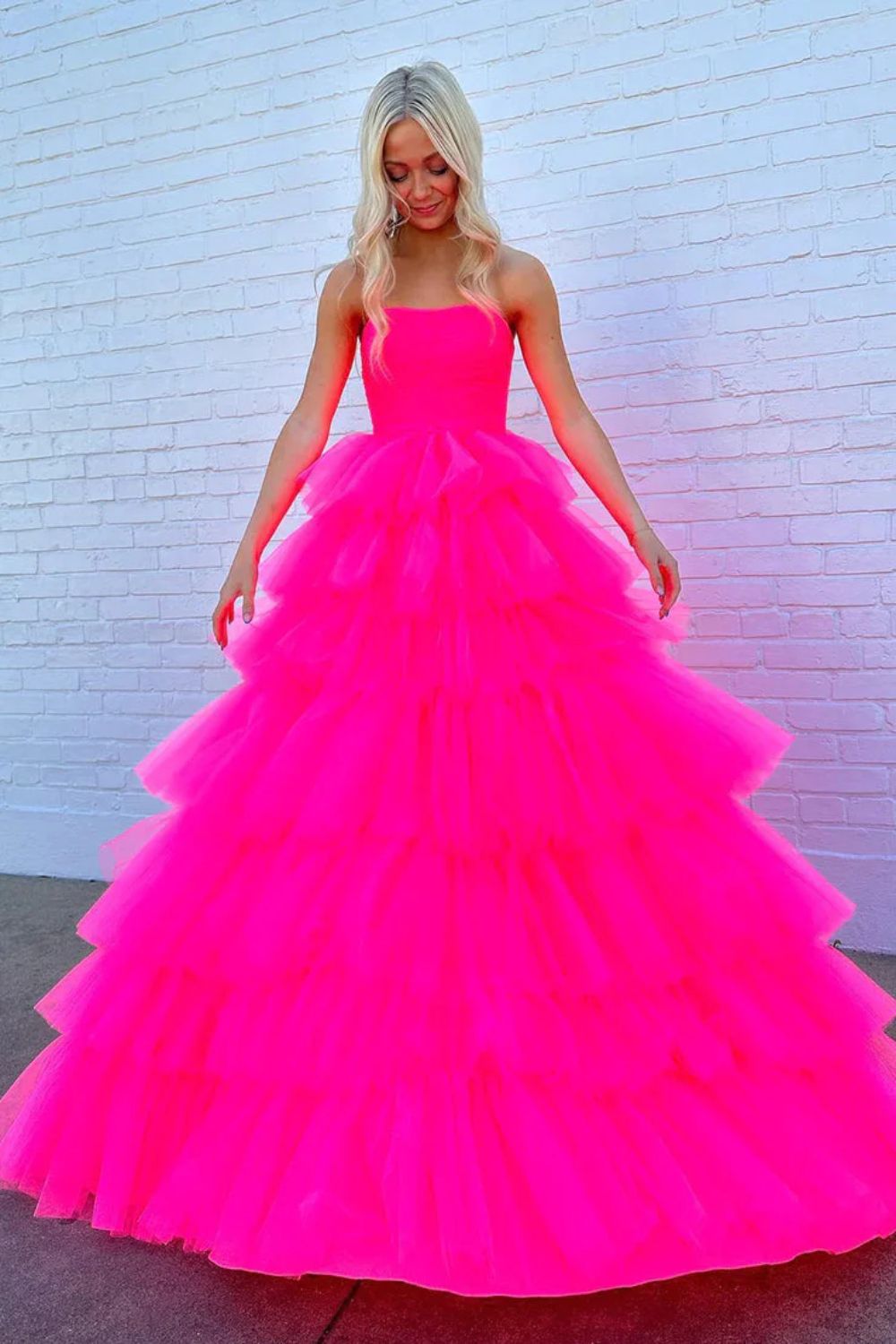 Dressime A-Line Strapless Tiered Tulle Long Prom Dresses dressime