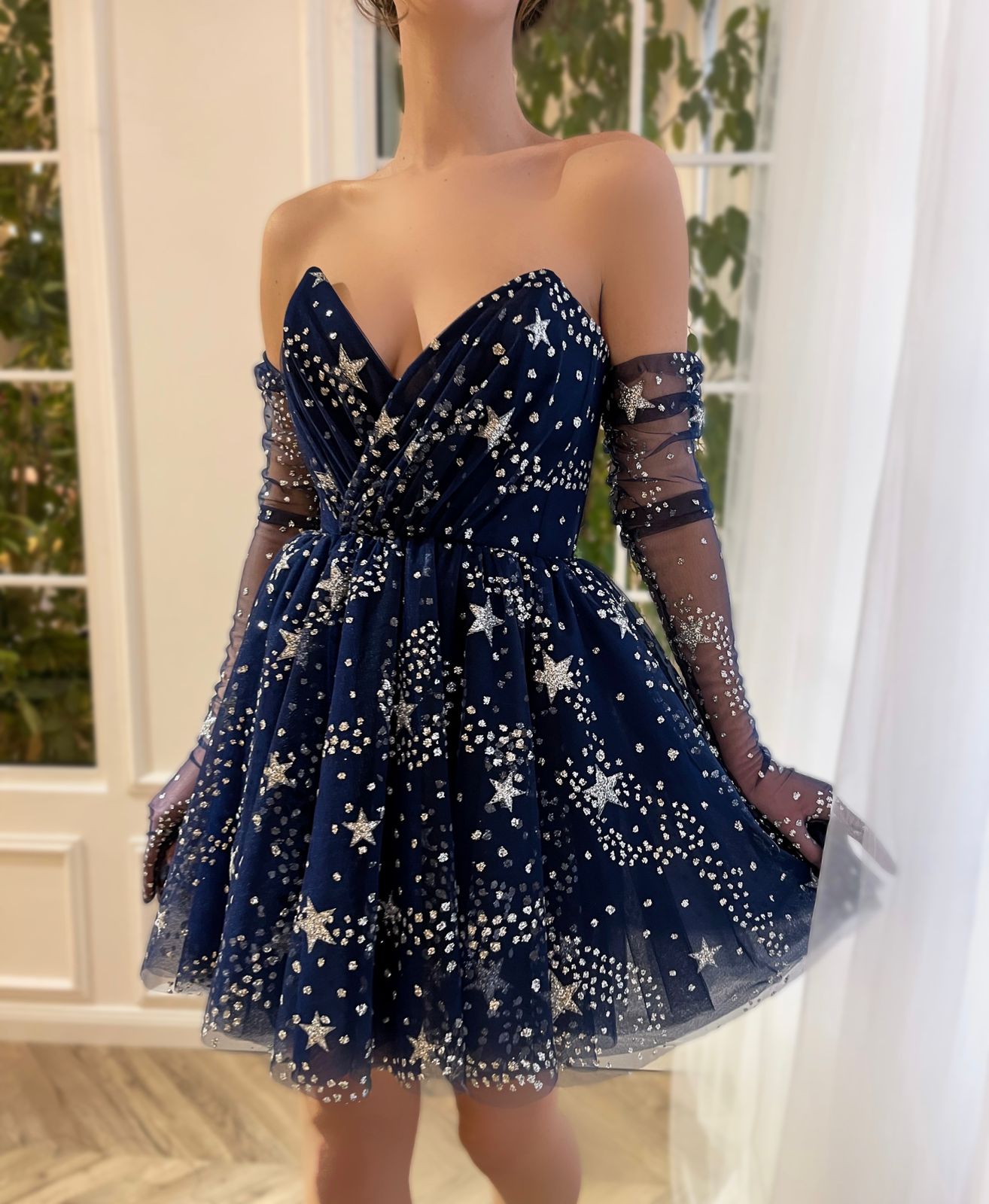 Dressime A Line Strapless Tulle Sequin Short/Mini Homecoming Dresses With Long Gloves dressime
