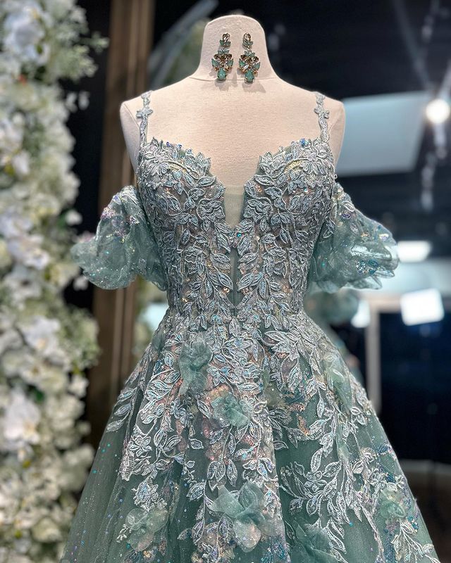 Dressime A-Line Straps Tulle Appliques Plunge V Long Prom Dress with Detachable Sleeves dressime