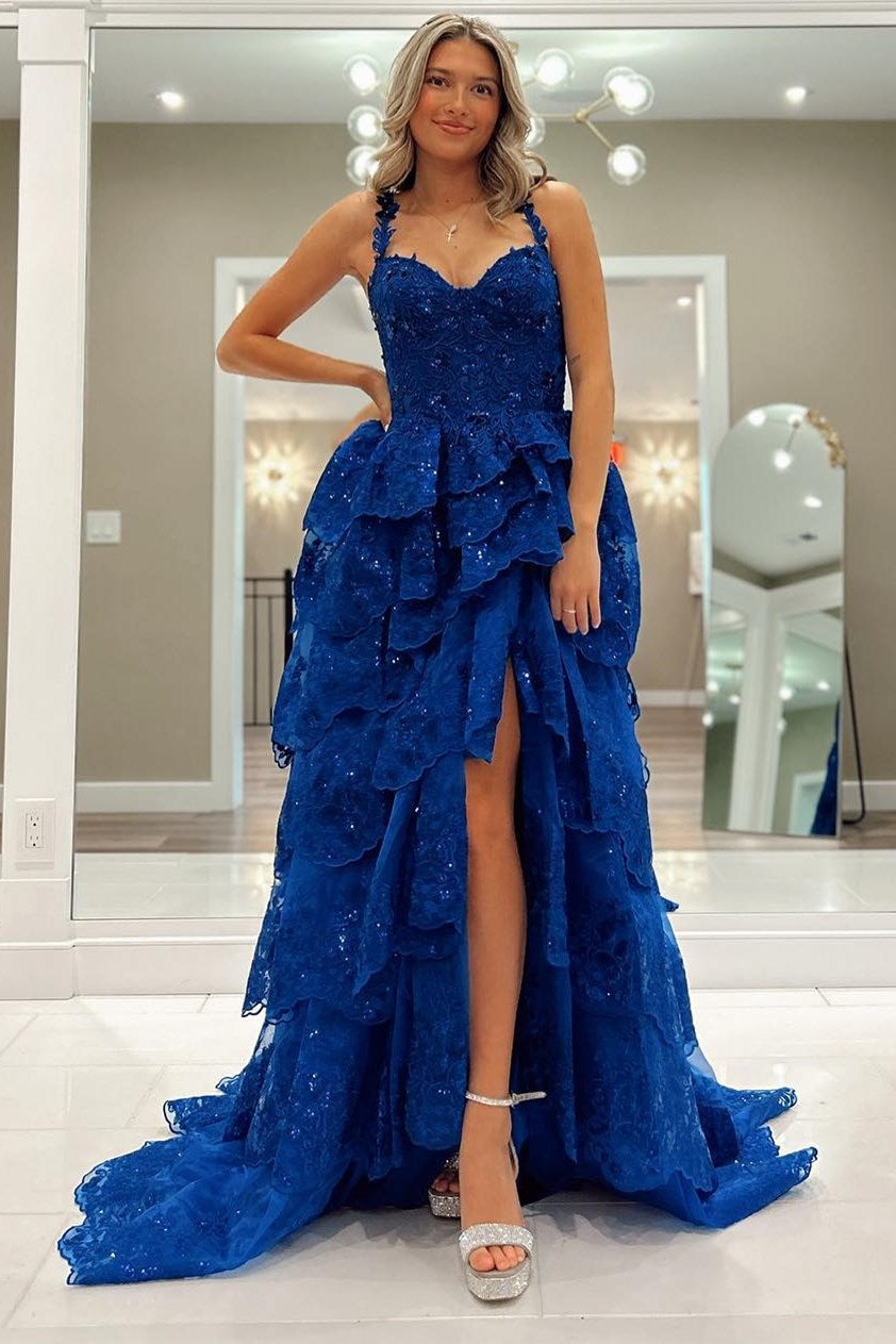 dressimeDressime A Line Straps Tulle Sequin Ruffle Tiered Long Prom Dress with Slit