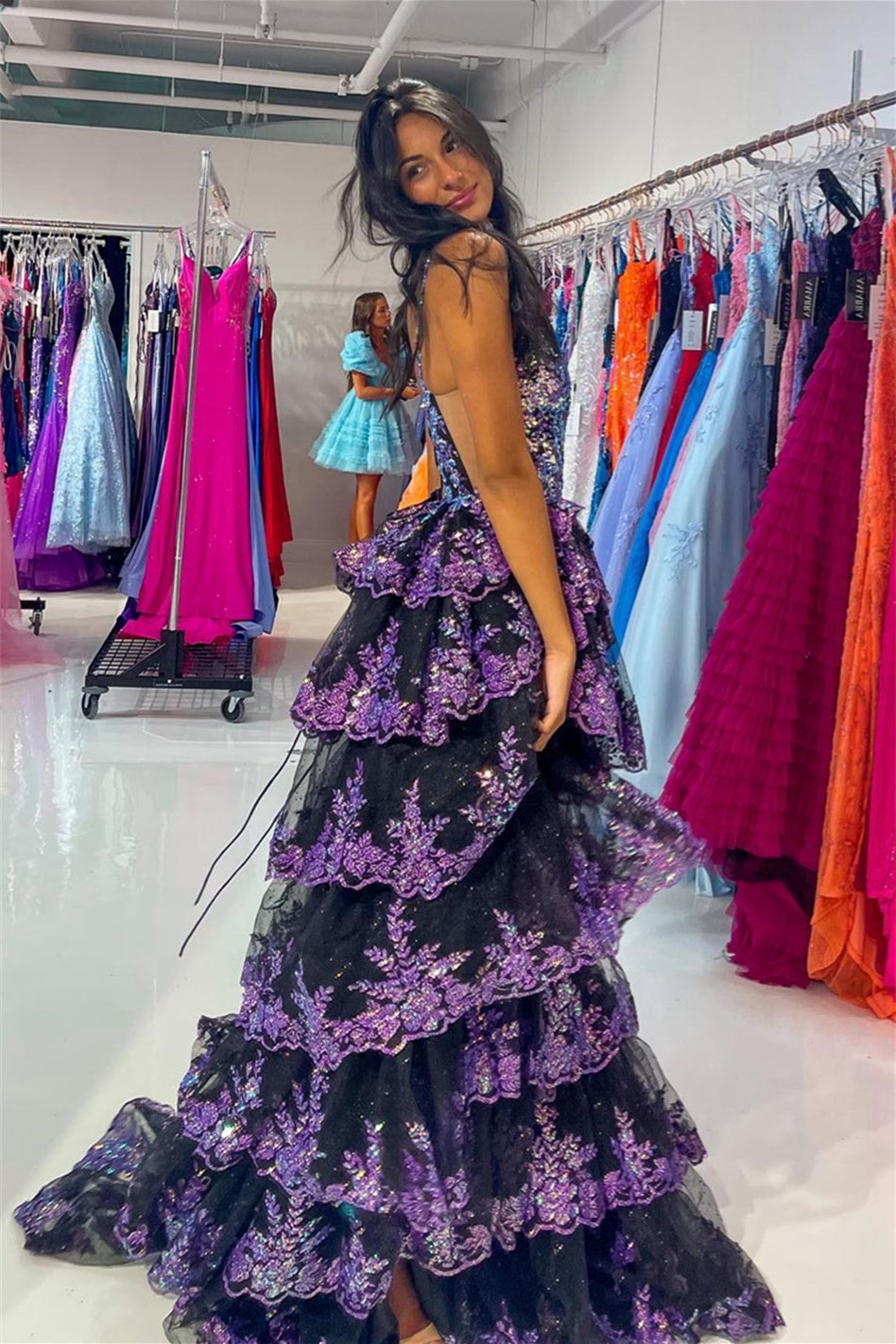dressimeDressime A Line Straps Tulle Sequin Ruffle Tiered Long Prom Dress with Slit