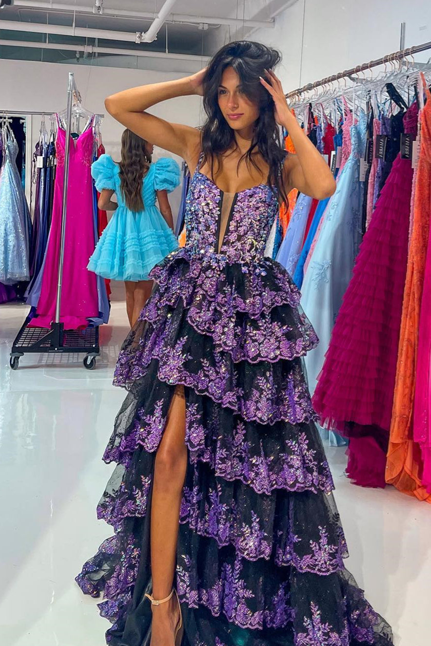 dressimeDressime A Line Straps Tulle Sequin Ruffle Tiered Long Prom Dress with Slit