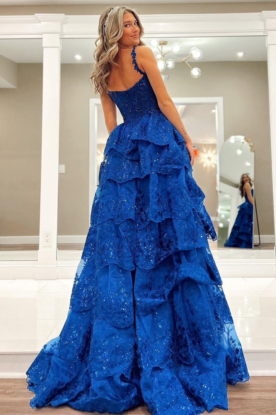 dressimeDressime A Line Straps Tulle Sequin Ruffle Tiered Long Prom Dress with Slit