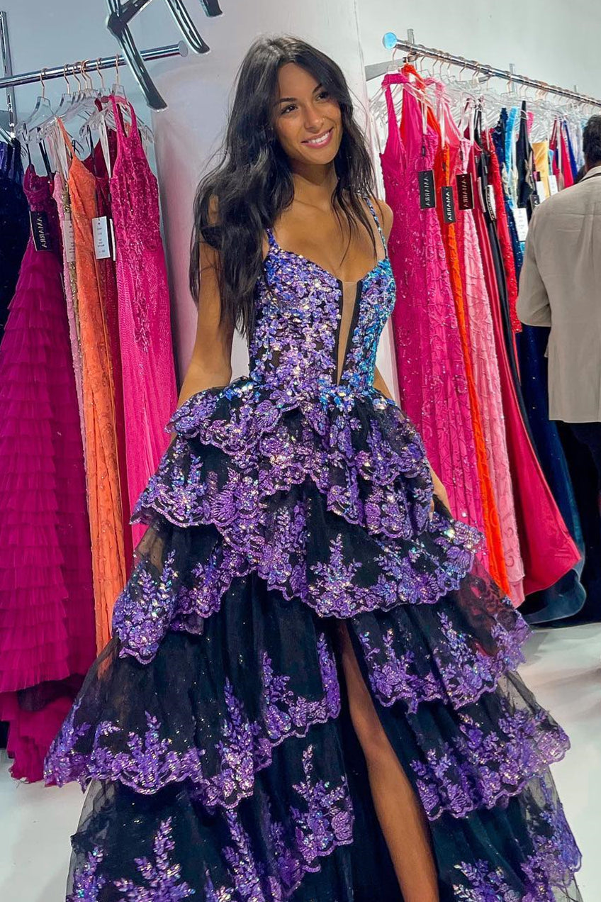 dressimeDressime A Line Straps Tulle Sequin Ruffle Tiered Long Prom Dress with Slit