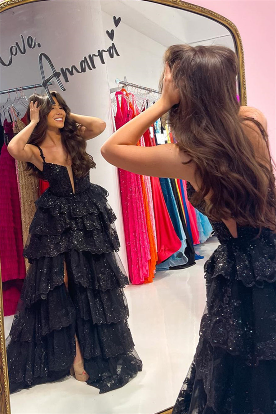dressimeDressime A Line Straps Tulle Sequin Ruffle Tiered Long Prom Dress with Slit