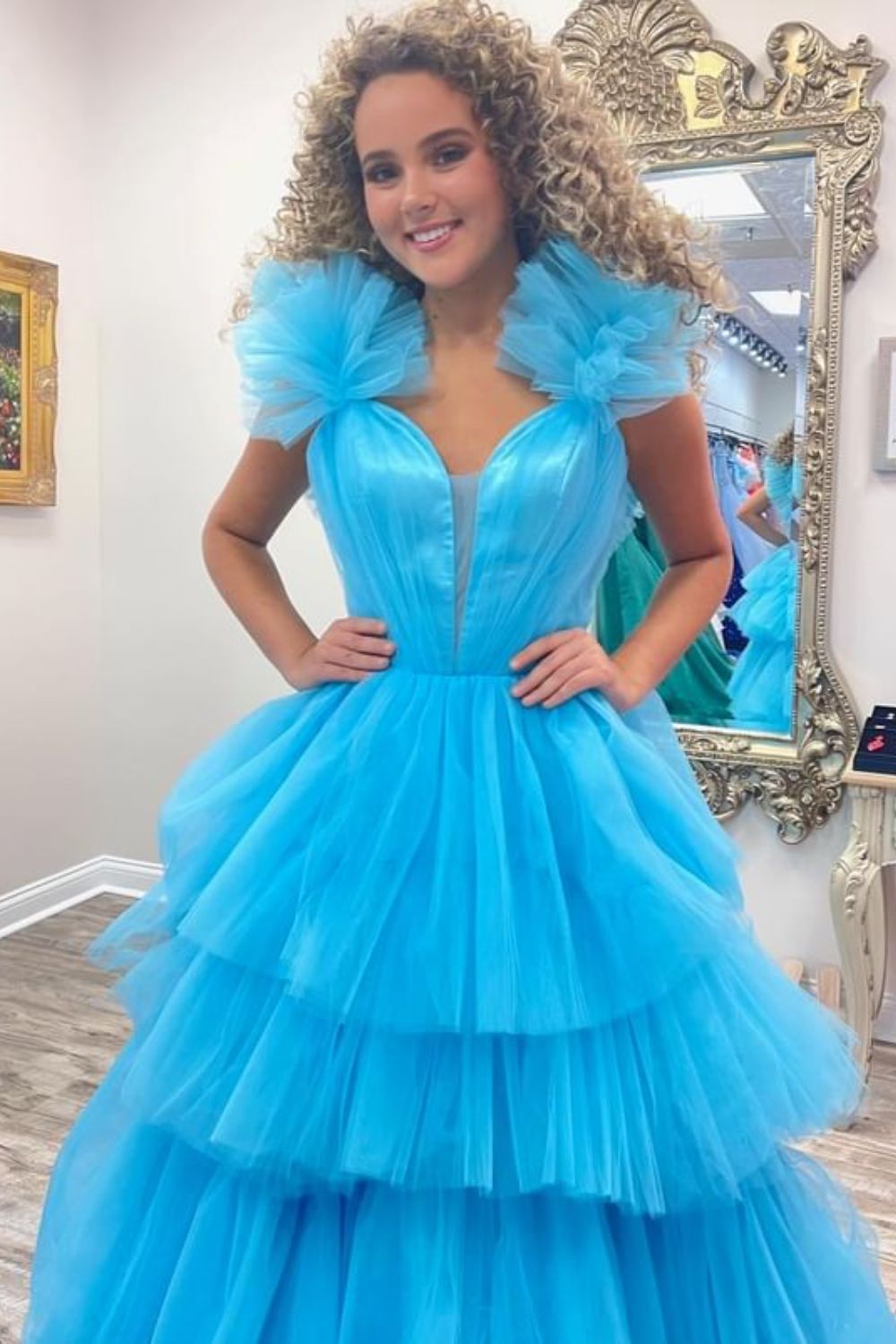 Dressime A-Line Straps Tulle Tiered Ruffle Long Prom Dress dressime