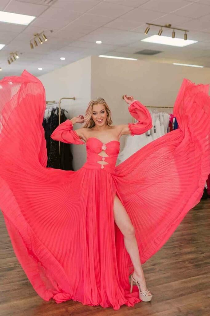 dressimeA Line Sweetheart Beades Chiffon Prom Dresses with Slit