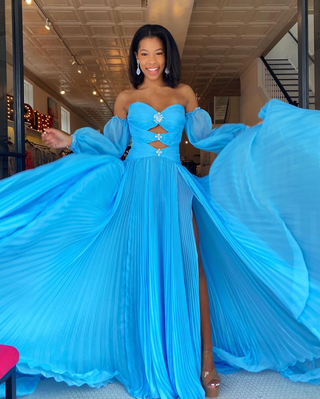 dressimeA Line Sweetheart Beades Chiffon Prom Dresses with Slit