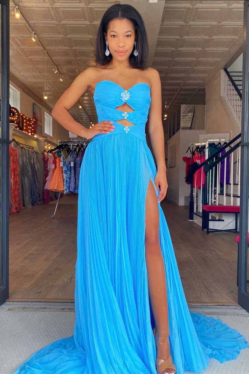 dressimeA Line Sweetheart Beades Chiffon Prom Dresses with Slit