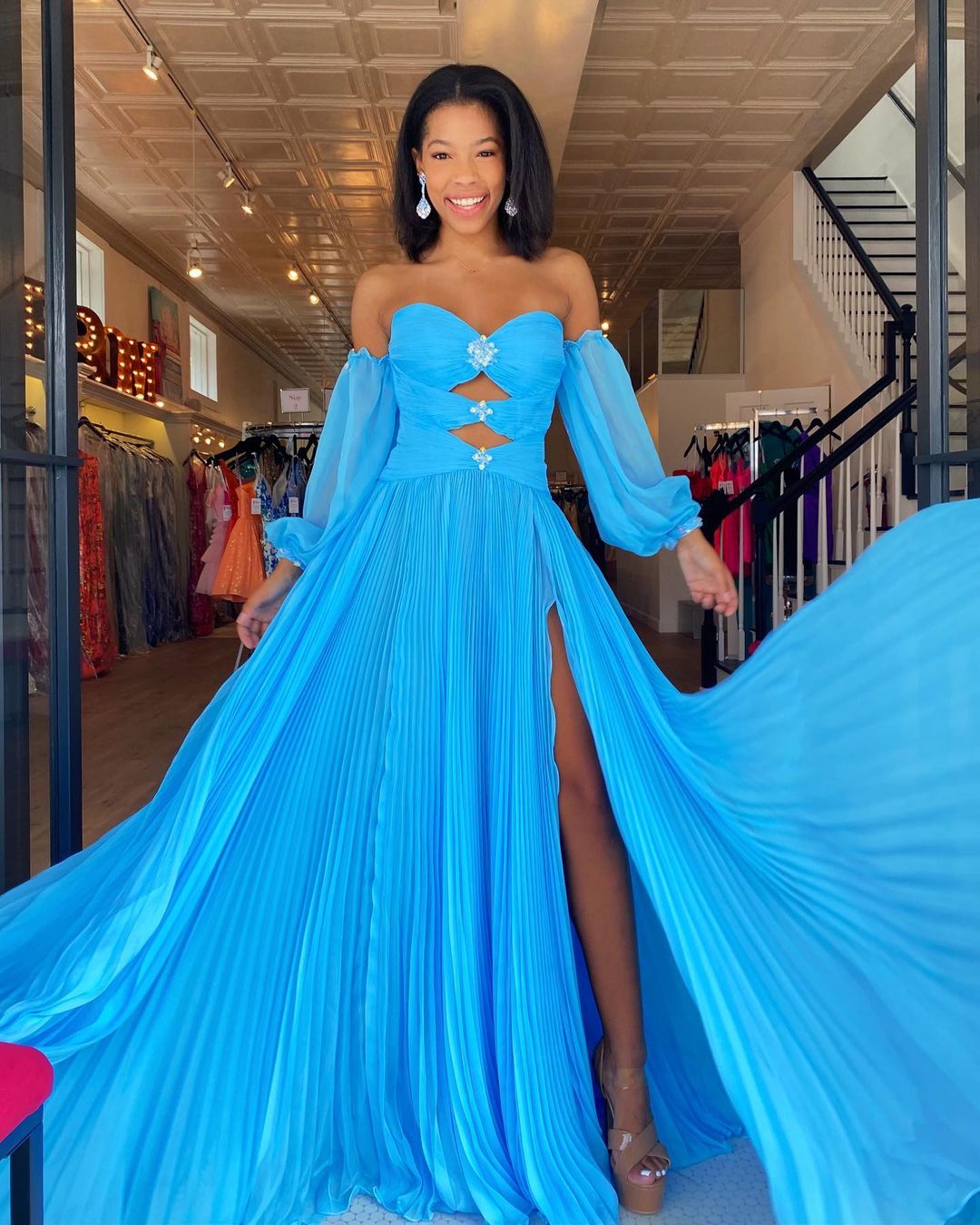 dressimeA Line Sweetheart Beades Chiffon Prom Dresses with Slit