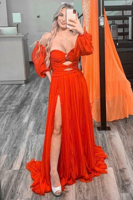 dressimeA Line Sweetheart Beades Chiffon Prom Dresses with Slit