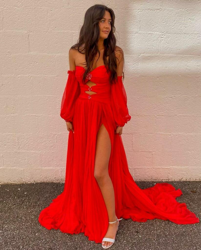 dressimeA Line Sweetheart Beades Chiffon Prom Dresses with Slit