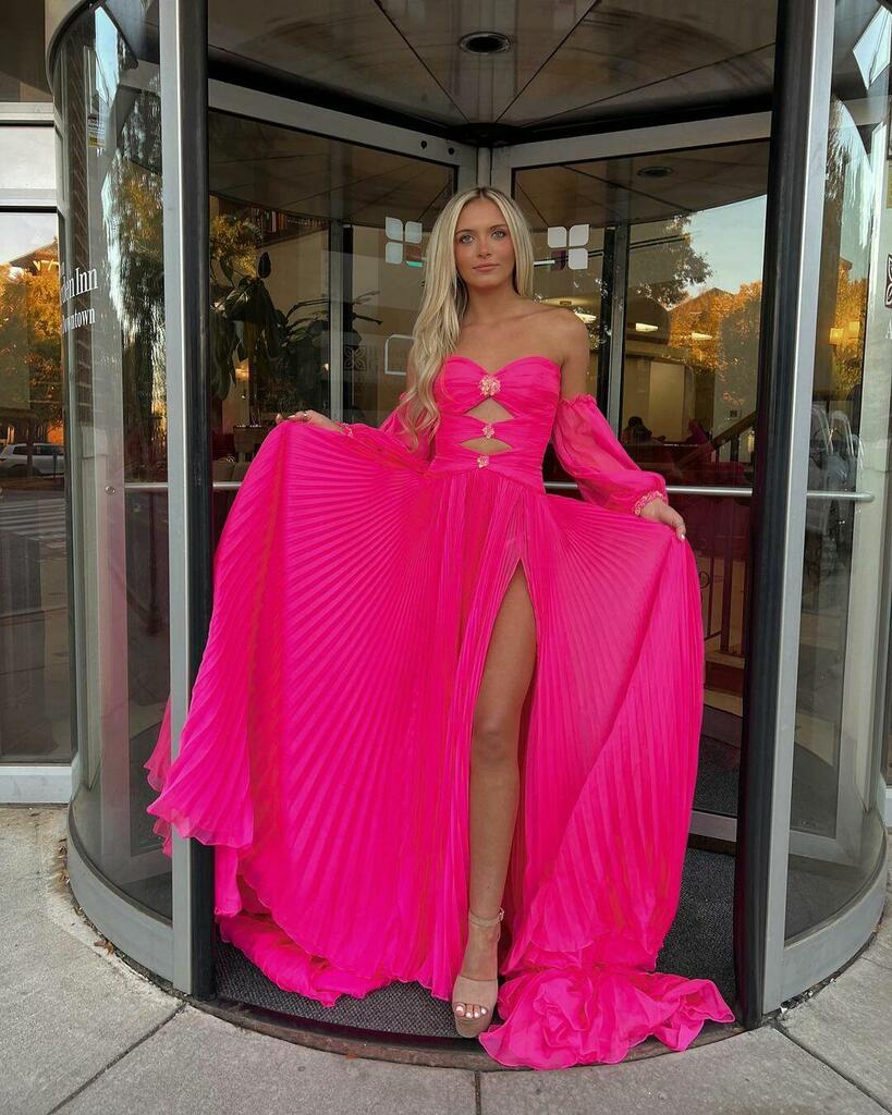 dressimeA Line Sweetheart Beades Chiffon Prom Dresses with Slit