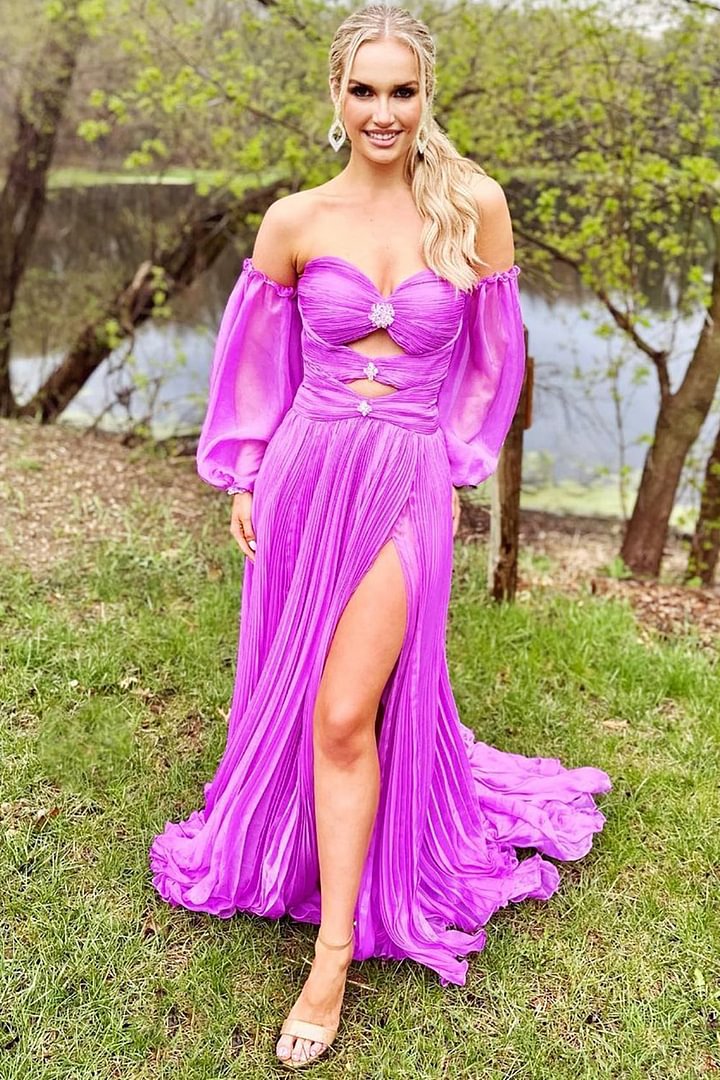 dressimeA Line Sweetheart Beades Chiffon Prom Dresses with Slit