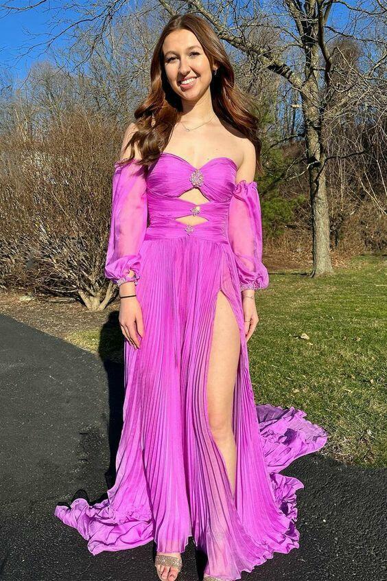 dressimeA Line Sweetheart Beades Chiffon Prom Dresses with Slit