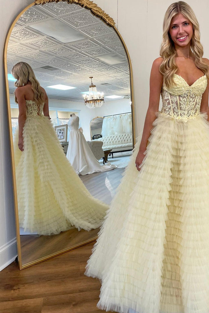 dressimeA Line Sweetheart Lace Corset Tiered Tulle Prom Dress