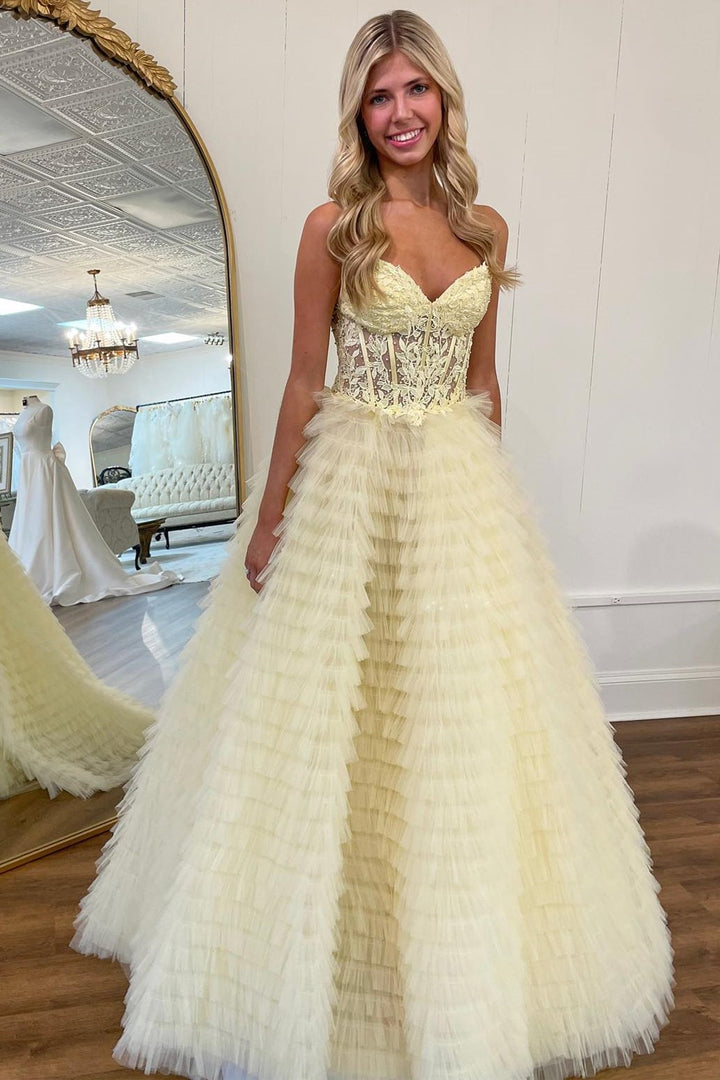dressimeA Line Sweetheart Lace Corset Tiered Tulle Prom Dress