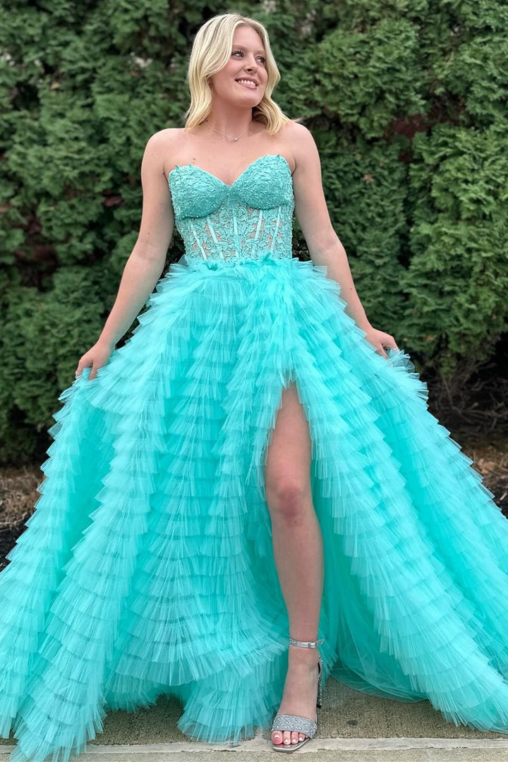 dressimeA Line Sweetheart Lace Corset Tiered Tulle Prom Dress