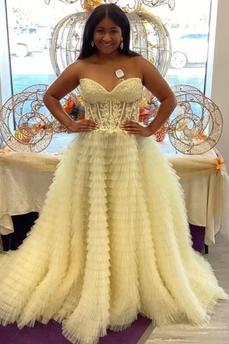 dressimeA Line Sweetheart Lace Corset Tiered Tulle Prom Dress