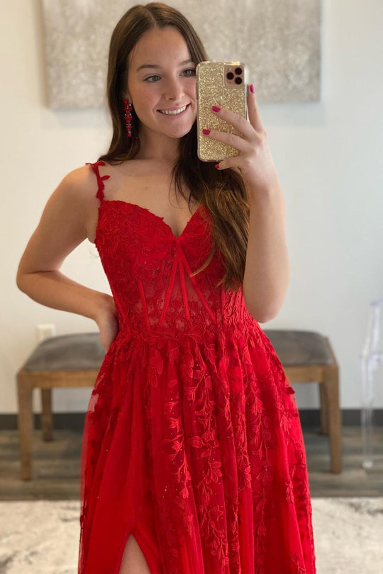 dressimeA Line Sweetheart Red Tulle Prom Dresses with Appliques & Slit