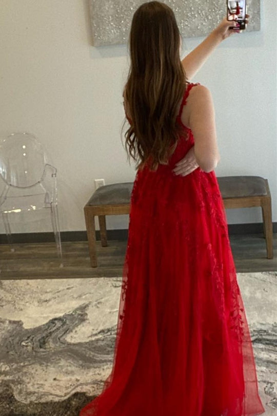 dressimeA Line Sweetheart Red Tulle Prom Dresses with Appliques & Slit