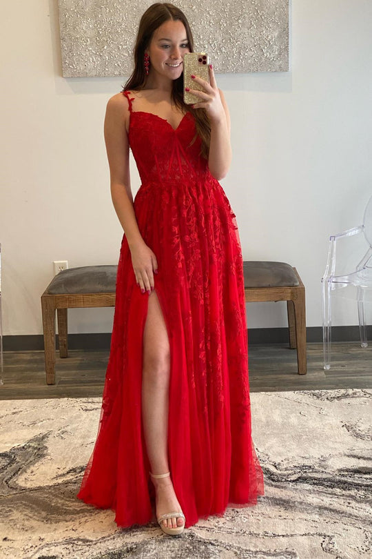 dressimeA Line Sweetheart Red Tulle Prom Dresses with Appliques & Slit