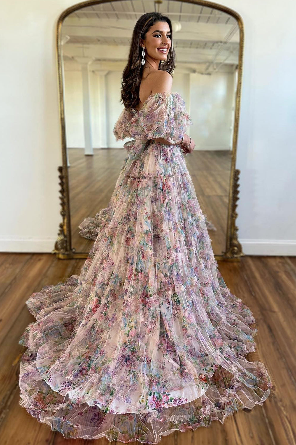 dressimeA Line Sweetheart Ruffles Sweep Train Floral Printed Chiffon Prom Dresses