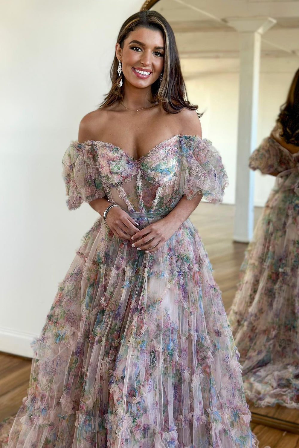 dressimeA Line Sweetheart Ruffles Sweep Train Floral Printed Chiffon Prom Dresses
