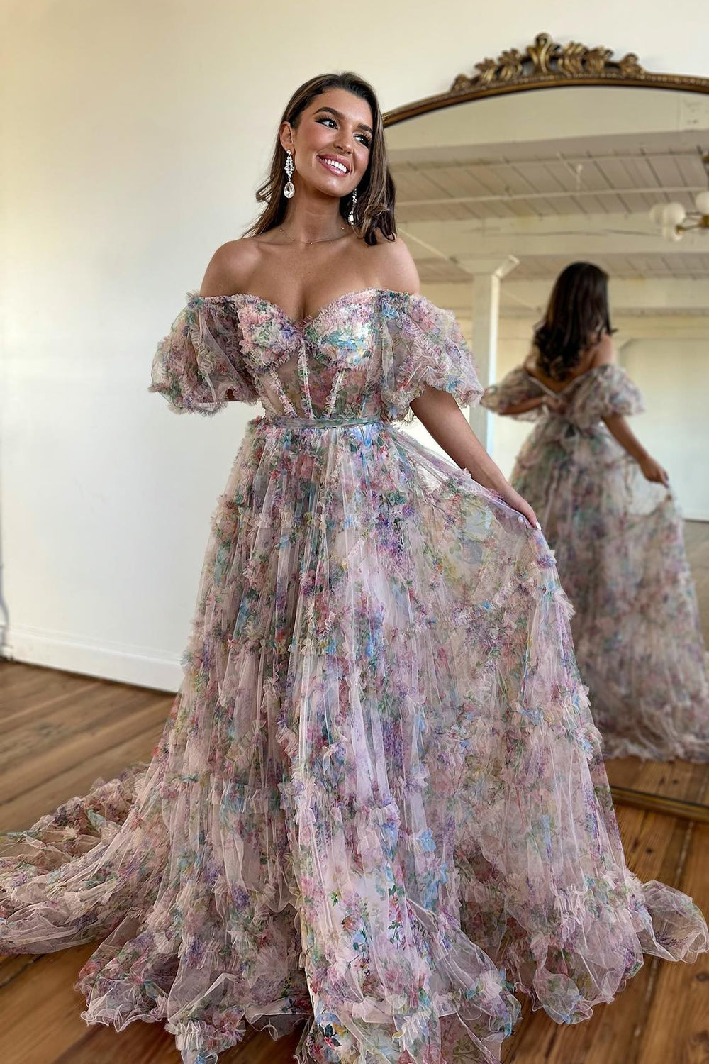 dressimeA Line Sweetheart Ruffles Sweep Train Floral Printed Chiffon Prom Dresses