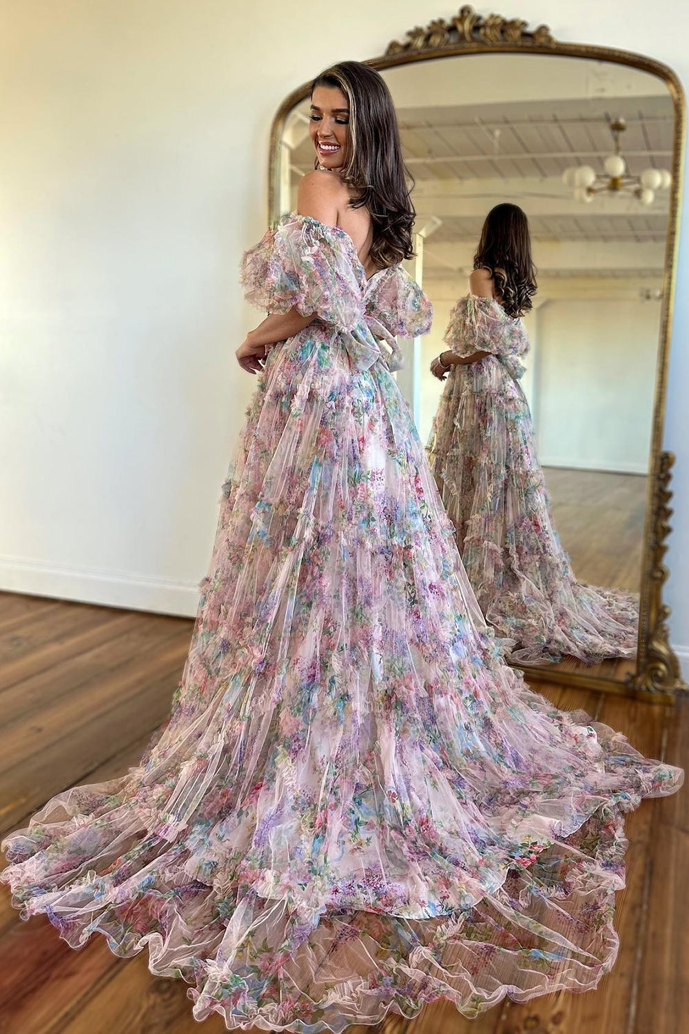 dressimeA Line Sweetheart Ruffles Sweep Train Floral Printed Chiffon Prom Dresses