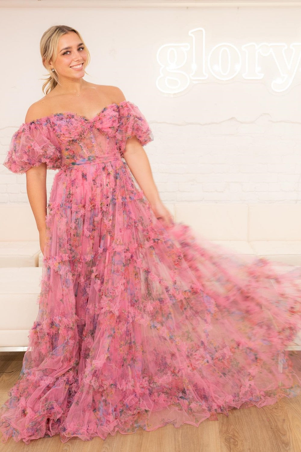 dressimeA Line Sweetheart Ruffles Sweep Train Floral Printed Chiffon Prom Dresses