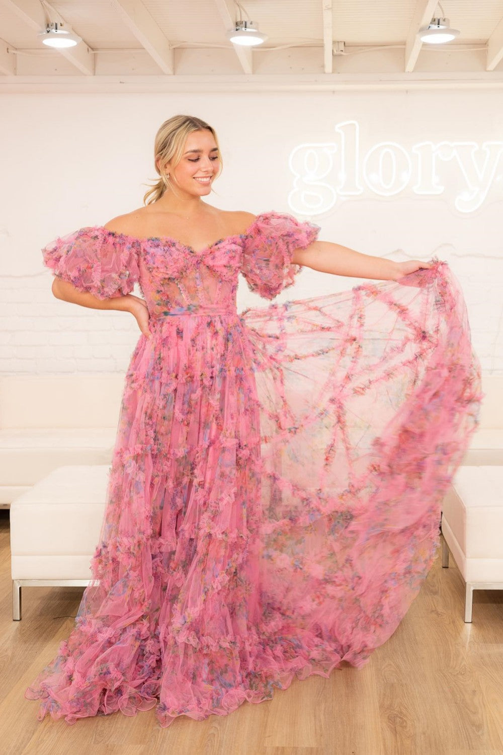 dressimeA Line Sweetheart Ruffles Sweep Train Floral Printed Chiffon Prom Dresses