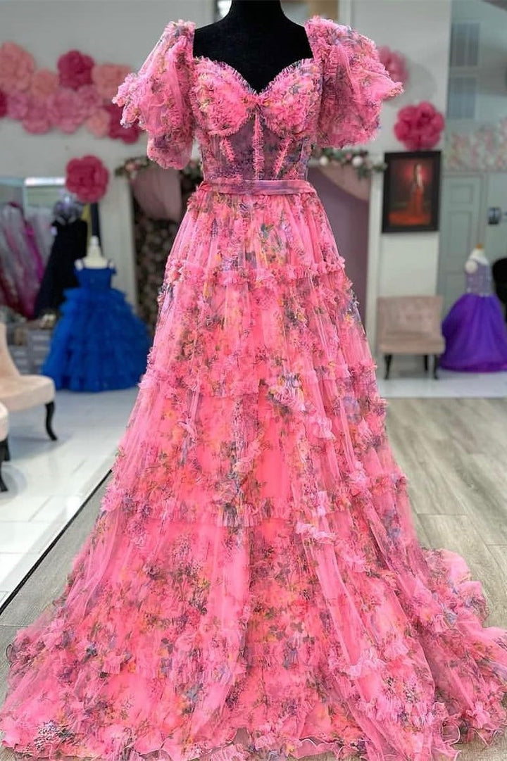 dressimeA Line Sweetheart Ruffles Sweep Train Floral Printed Chiffon Prom Dresses