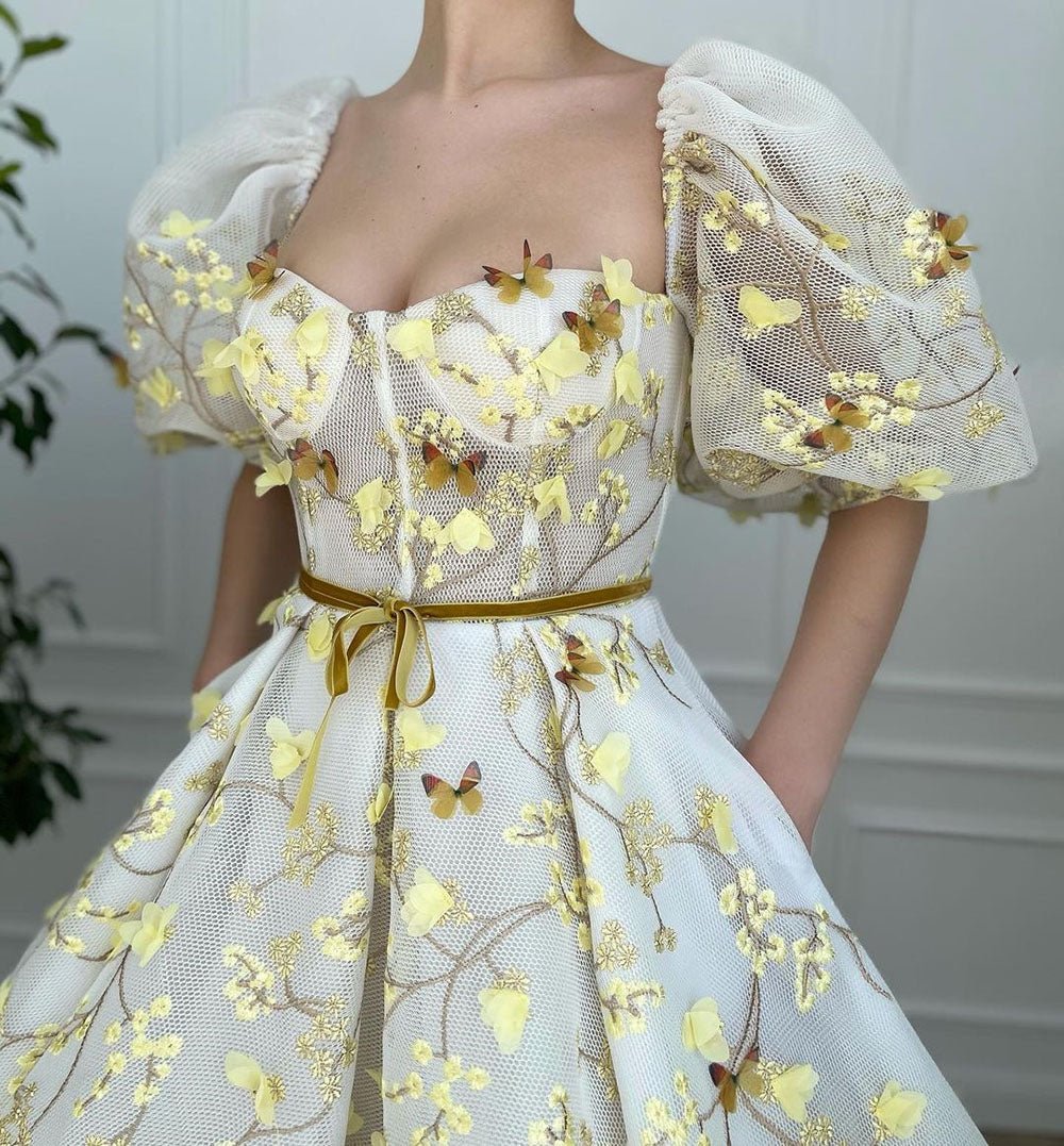 dressimeA Line Sweetheart Short Sleeves Tulle 3D Flowers Appliques Butterfly Homecoming Dresses with Pockets
