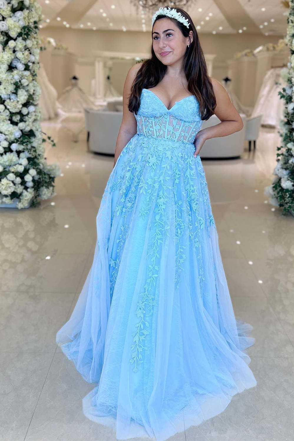 dressimeA-Line Sweetheart Tulle Corset Long Prom Dresses With Appliques