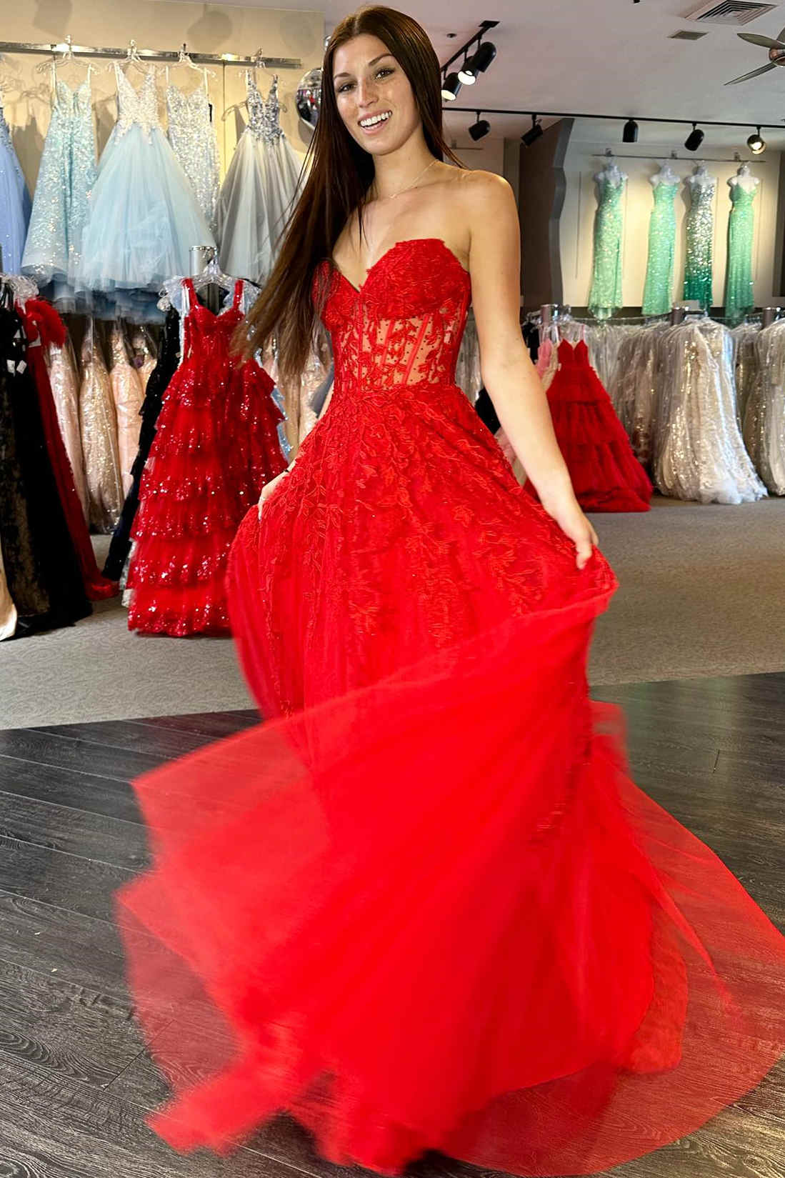 dressimeA-Line Sweetheart Tulle Corset Long Prom Dresses With Appliques