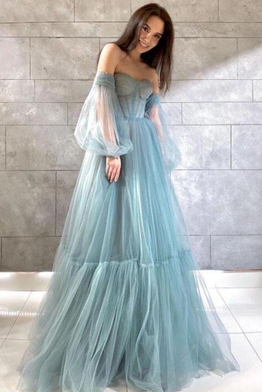 Dressime A Line Sweetheart Tulle Long Sleeves Prom Dress dressime