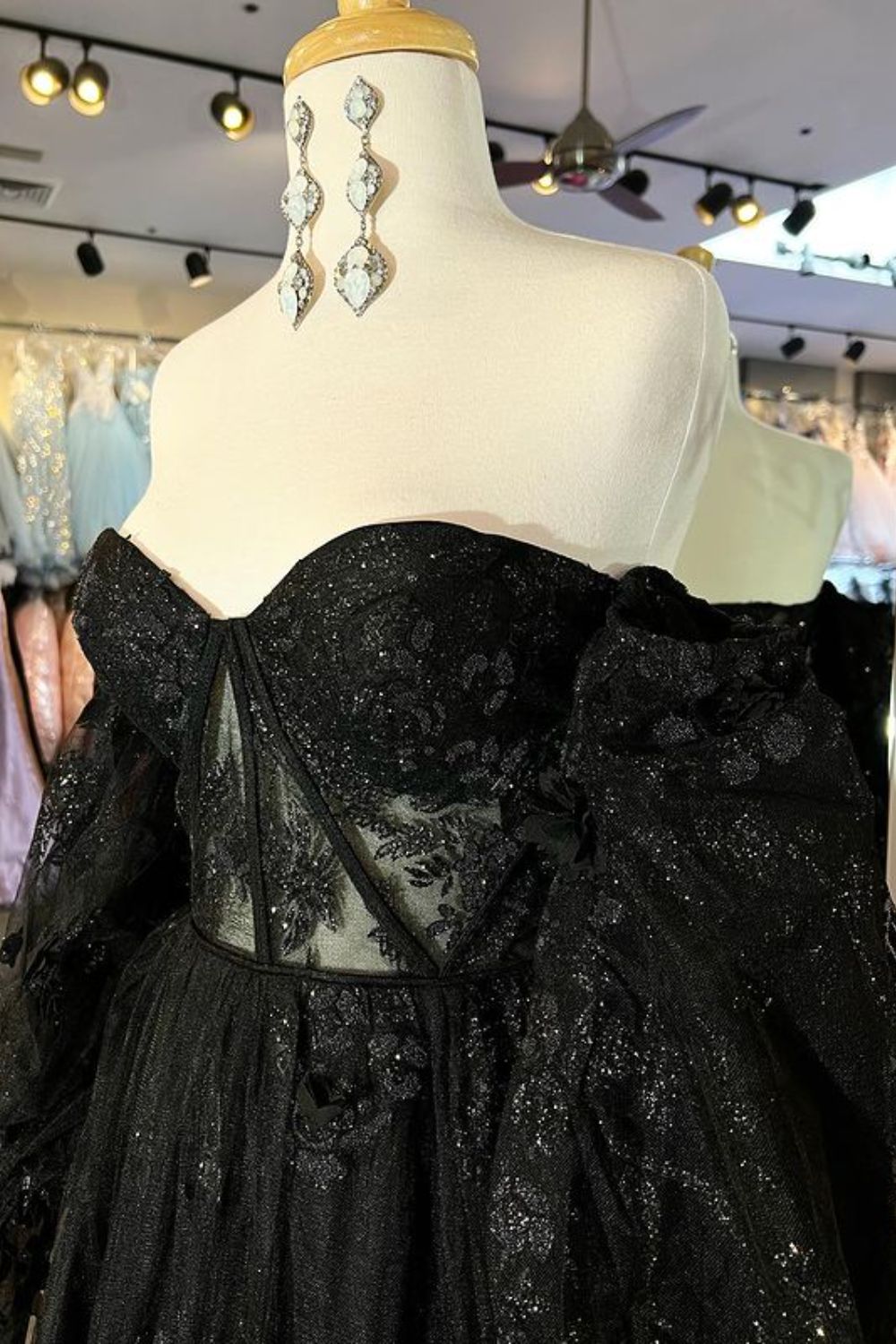 Dressime A Line Sweetheart Tulle Puff Sleeve Long Prom Dress With Appliques dressime