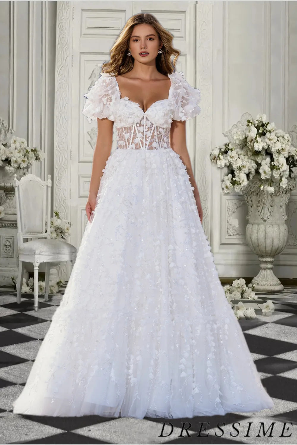 Dressime A Line Sweetheart Tulle Short Sleeves Long Prom Dress with Ap dressime Dressime A Line Sweetheart Tulle Short Sleeves Long Prom Dress with Ap dressime