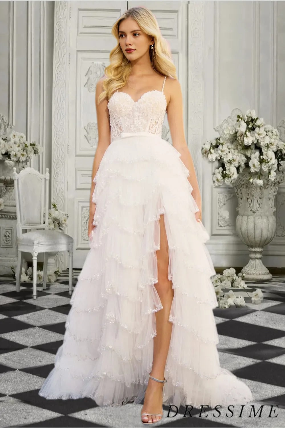 Dressime Women White Beaded Prom Dress A Line Sweetheart Tulle Tiered Slit Long Party Dress dressime Dressime Women White Beaded Prom Dress A Line Sweetheart Tulle Tiered Slit Long Party Dress dressime
