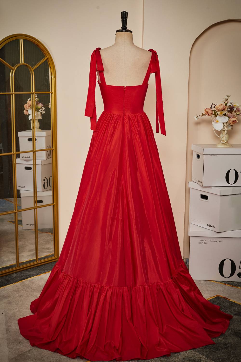 dressimeA-Line Tie Straps Corset Satin Long Prom Dress