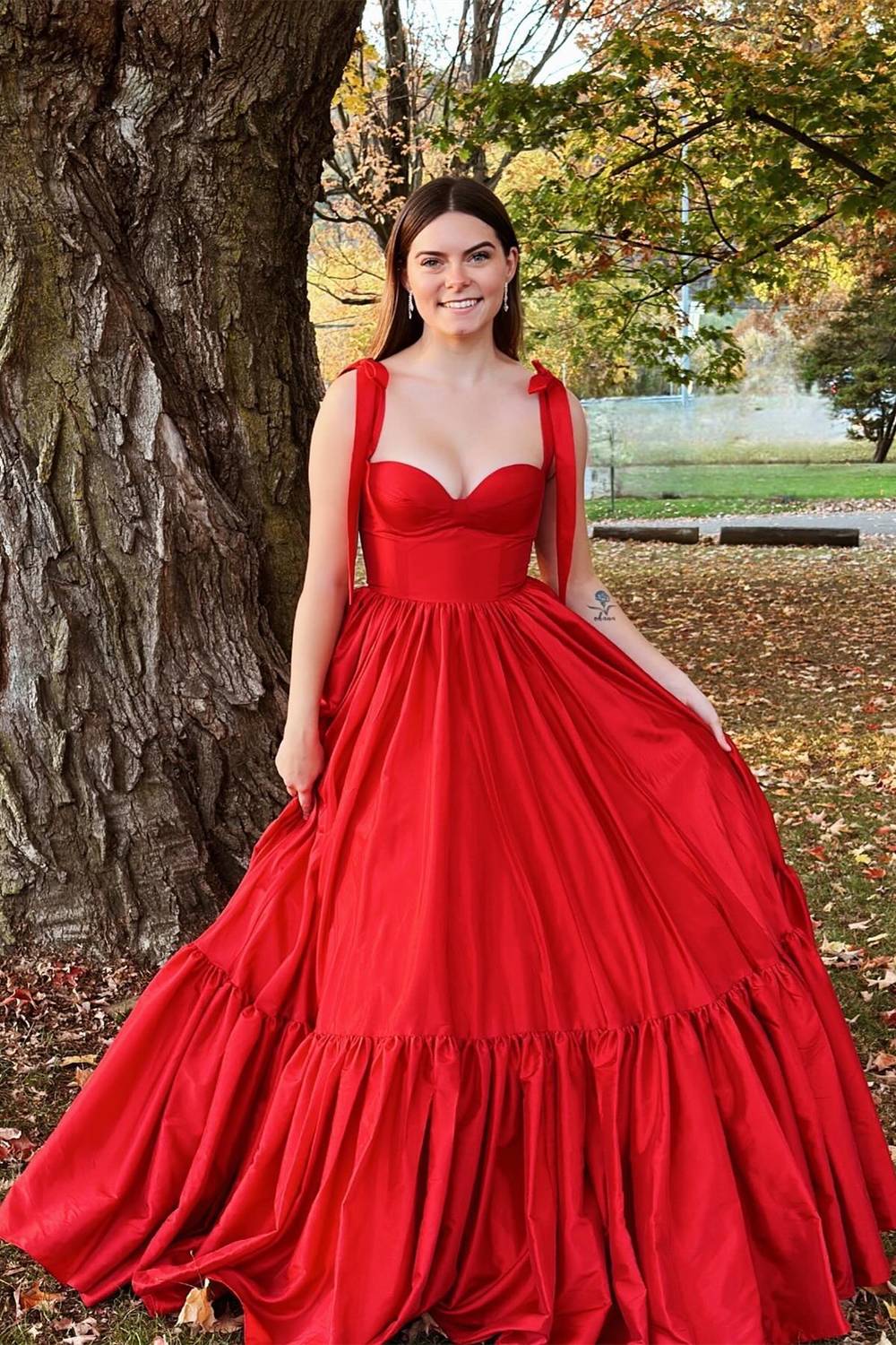 dressimeA-Line Tie Straps Corset Satin Long Prom Dress