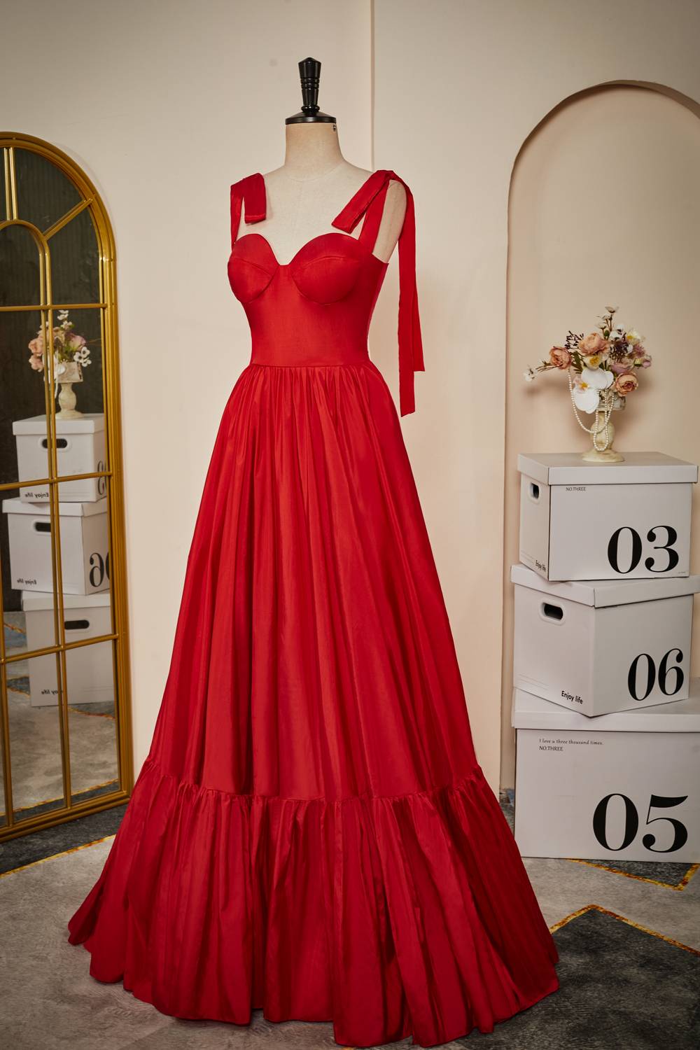 dressimeA-Line Tie Straps Corset Satin Long Prom Dress