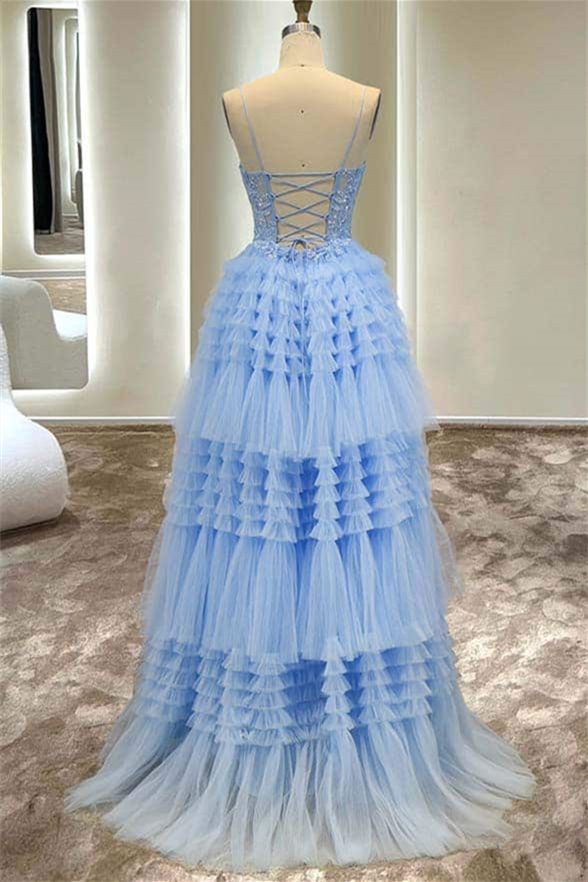 dressimeA Line Tulle Layers Spaghetti Straps Split Prom Dress With Appliques
