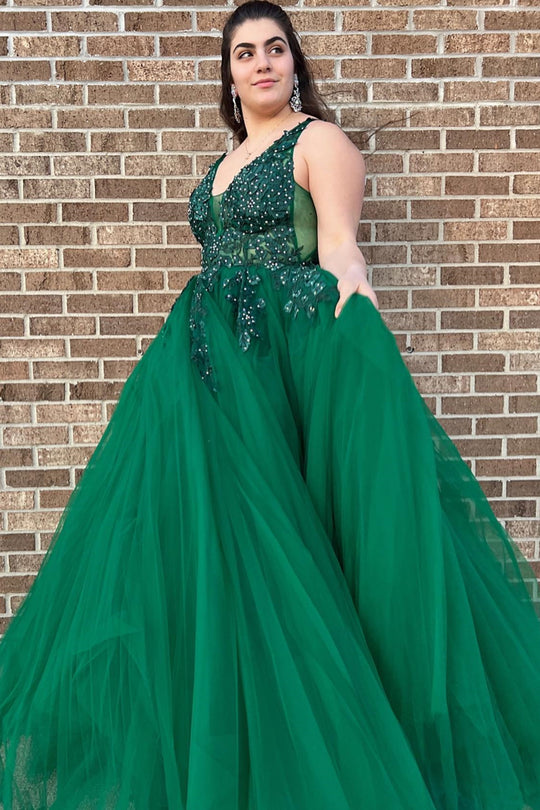 Dressime A Line Tulle V Neck Long Prom Dresses With Appliques dressime