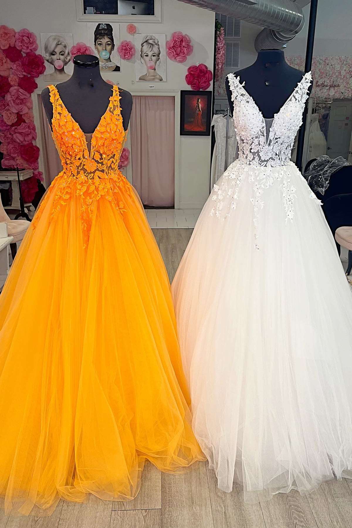 dressimeA Line Tulle V Neck Long Prom Dresses With Appliques