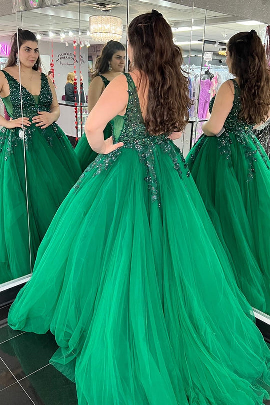 Dressime A Line Tulle V Neck Long Prom Dresses With Appliques dressime