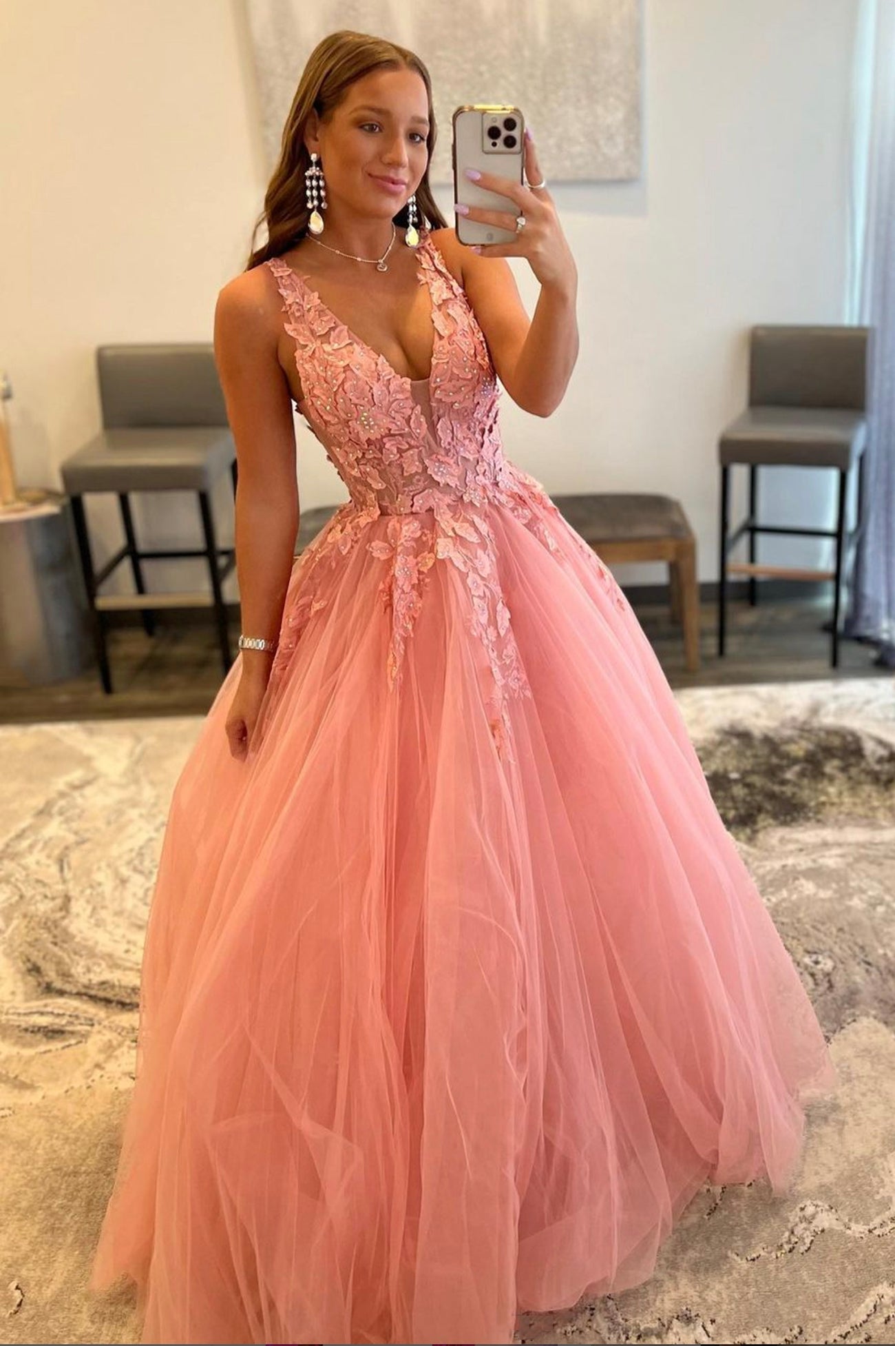 dressimeA Line Tulle V Neck Long Prom Dresses With Appliques