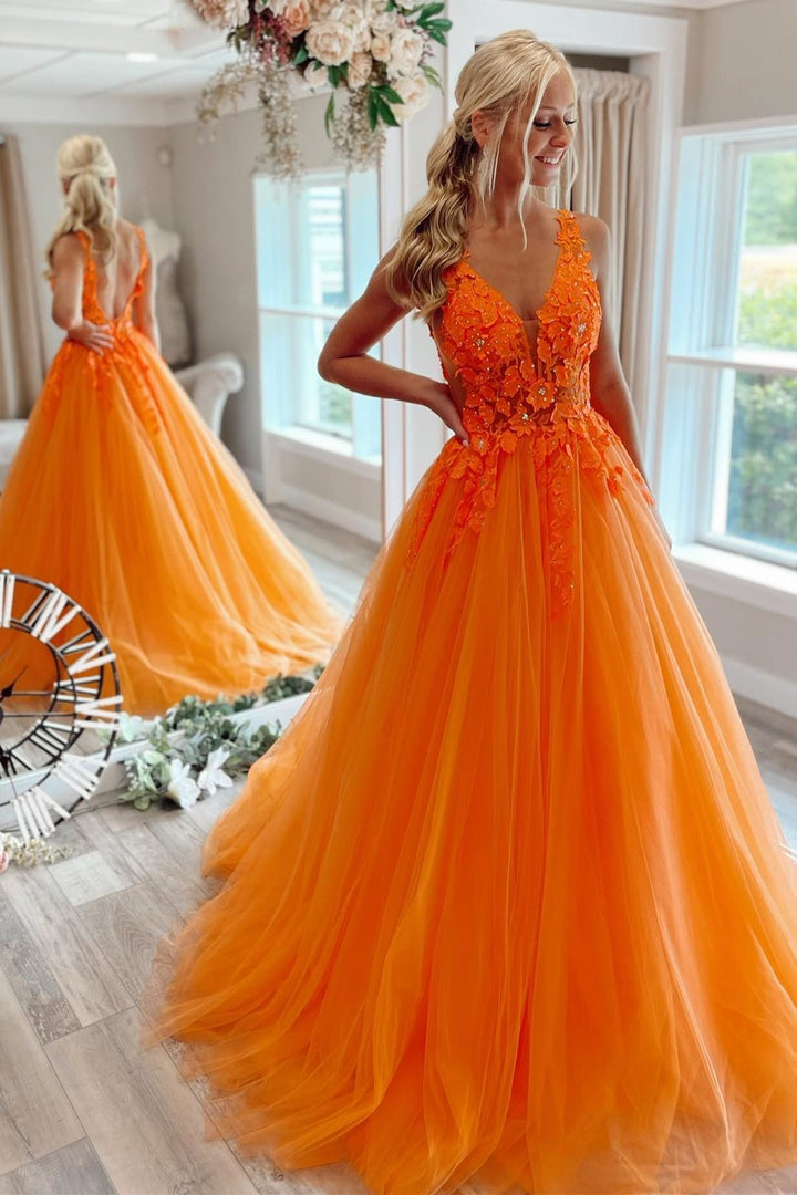 dressimeA Line Tulle V Neck Long Prom Dresses With Appliques